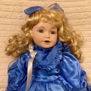 Vintage Porcelain Blonde Doll with Violin - Blue Dress and Frills